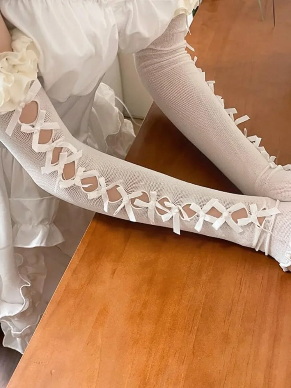 Y2K Lace Fingerless Gloves Gothic Bow Arm Sleeves Bridal Elbow Length Tulle